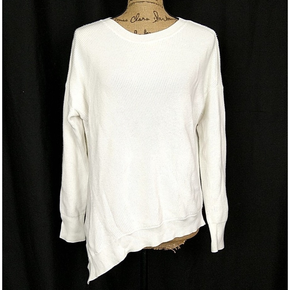 Athleta White Ribbed Knit Asymmetrical Hem Sweater sz S Cotton Lyocell Silk